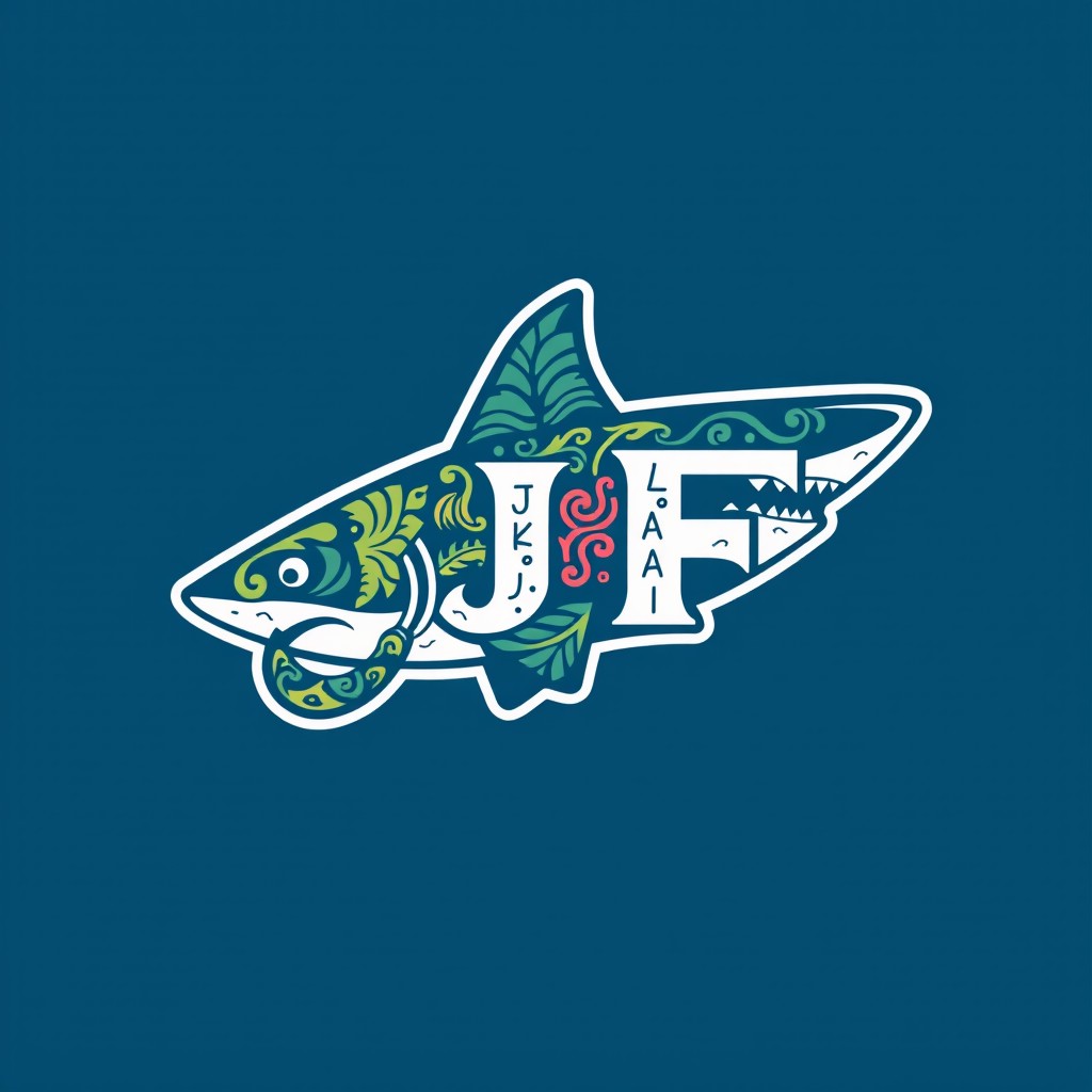 A logo design that prominently features the letters 'J' and 'F' stylized within the shape of a Polynesian shark
