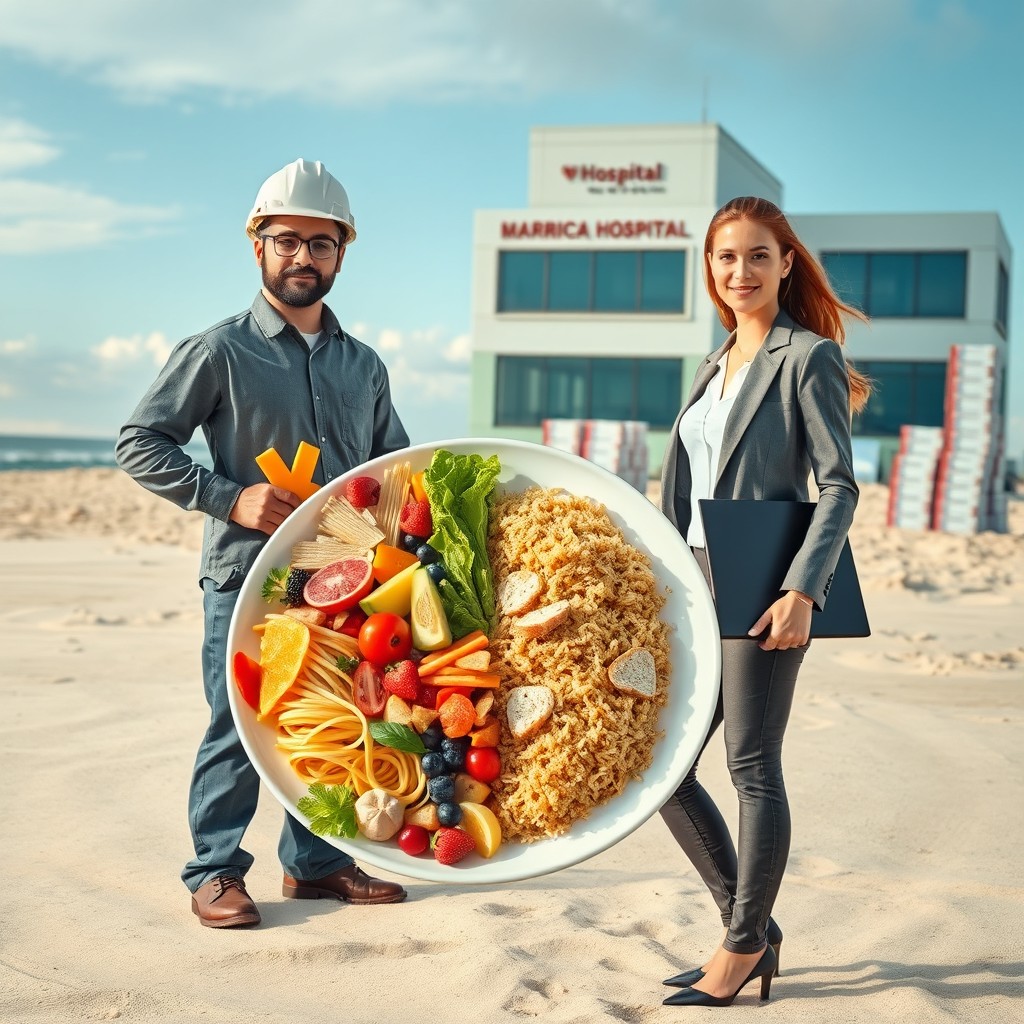 A dynamic scene featuring a plate divided in half; one side presents an array of healthy food, including colorful vegetables, fruits, and lean proteins, while the other half showcases a hearty portion of carbohydrate-rich foods like pasta, bread, and rice dishes
