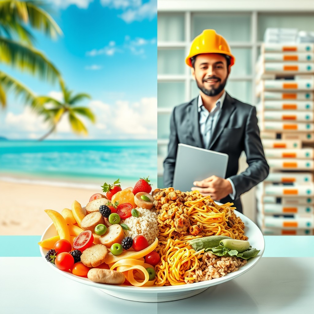 A visually engaging scene with a plate divided in half; one side is filled with a colorful assortment of healthy foods, such as vibrant vegetables and lean proteins, while the other side features a hearty selection of high-carbohydrate dishes like creamy pasta, bread, and rice