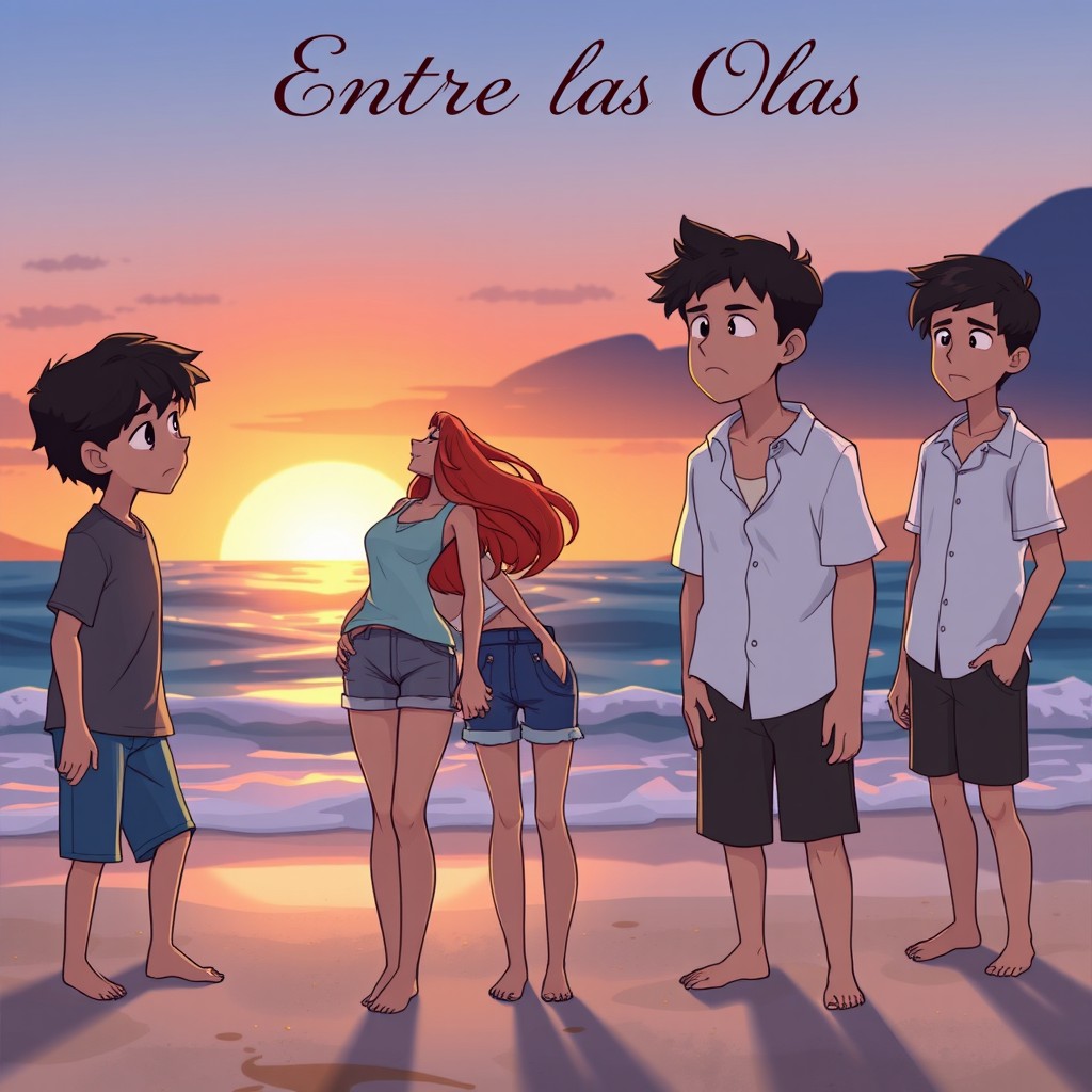 An animated beach scene during sunset, featuring three characters: a girl with long, flowing orange hair, wearing a light blue tank top and denim shorts, holding hands with a boy to her left, who has wavy dark hair and is in a grey shirt