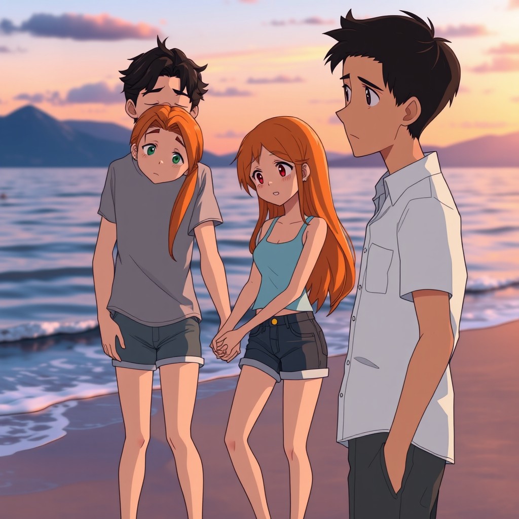 An animated scene set on a beach during sunset, featuring three characters: a girl with long orange hair wearing a light blue tank top and denim shorts, holding hands with a boy on her left who has wavy dark hair and is dressed in a grey shirt