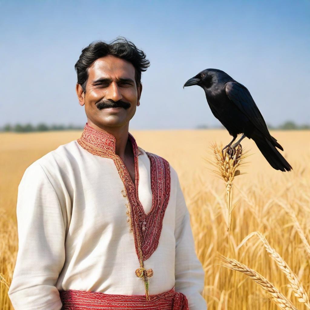 A man dressed in traditional Indian attire, standing in golden wheat fields with a crow perched on his shoulder, under a clear sky.