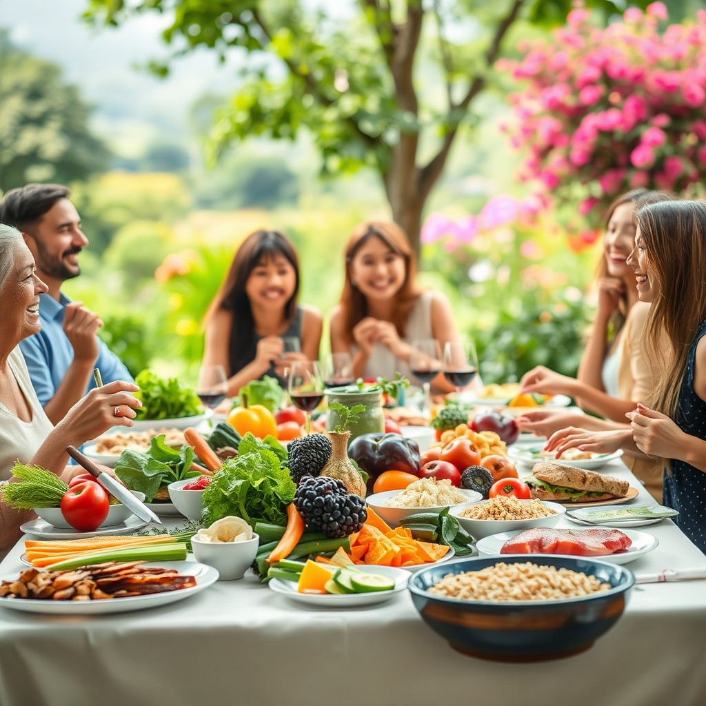 A serene and uplifting scene emphasizing healthy living; a beautifully laid table with a variety of colorful, wholesome foods such as fresh vegetables, fruits, lean proteins, and whole grains, symbolizing the celebration of healthy eating