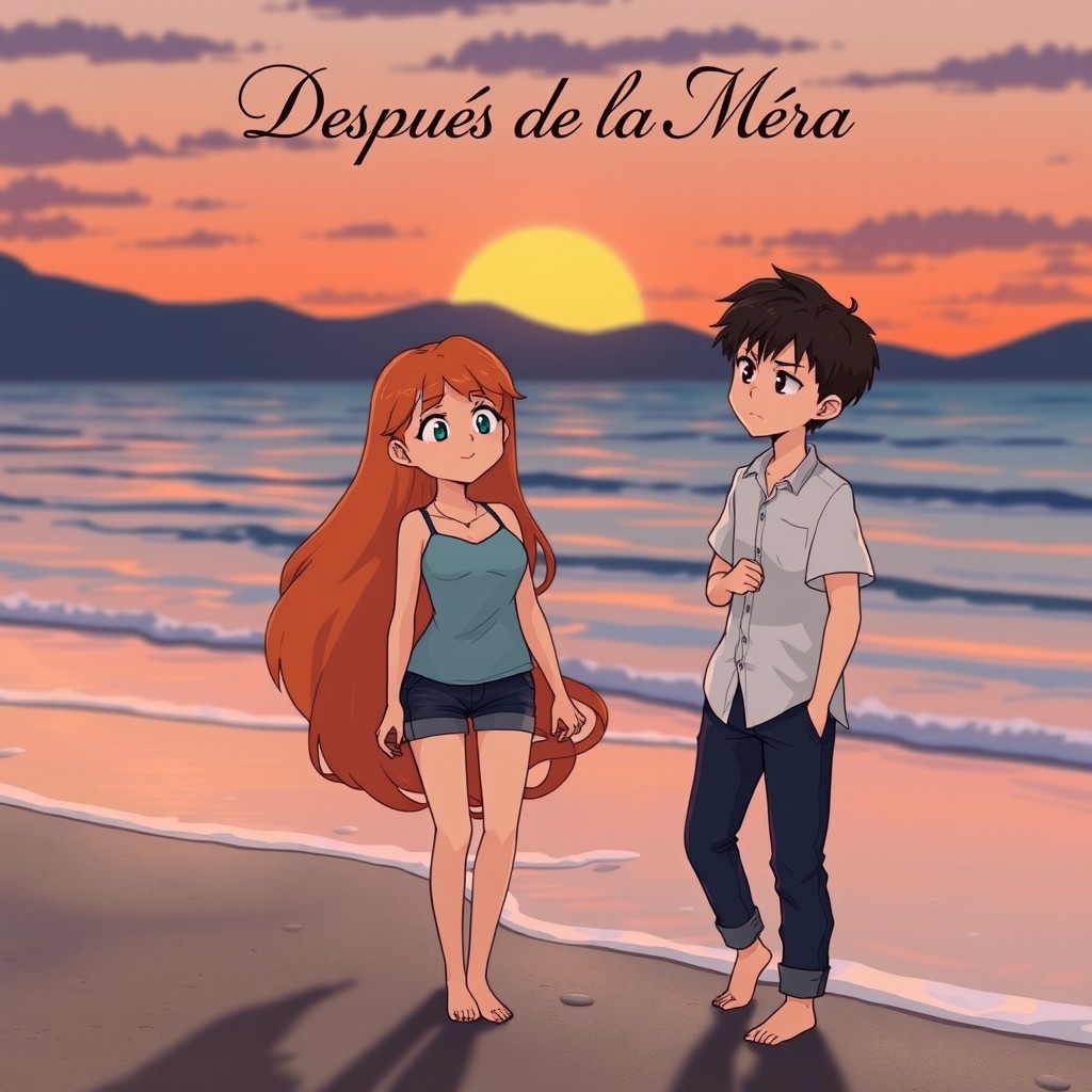 An animated scene set on a beach during sunset, featuring three characters: a girl with long, flowing orange hair wearing a light blue tank top and denim shorts, holding hands with a boy on her left who has wavy dark hair and is dressed in a grey shirt