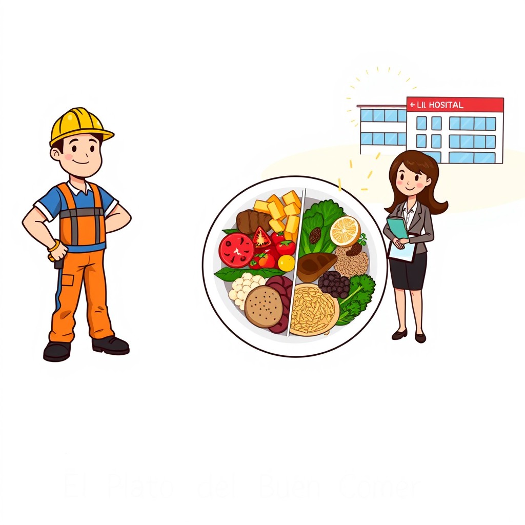 A colorful and engaging illustration of 'El Plato del Buen Comer', showcasing a beautifully arranged plate representing a balanced meal with healthy portions of vegetables, fruits, proteins, and whole grains