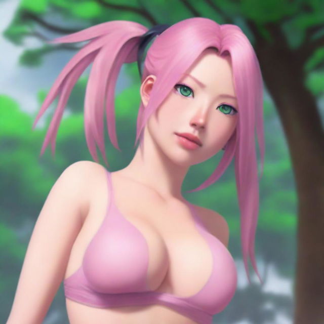 A high-resolution, photorealistic digital painting featuring Sakura Haruno from Naruto in a stylish bikini