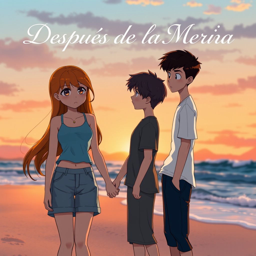 An animated beach scene during sunset, featuring three characters: a girl with long, flowing orange hair wearing a light blue tank top and denim shorts, holding hands with a boy on her left who has wavy dark hair and is dressed in a grey shirt