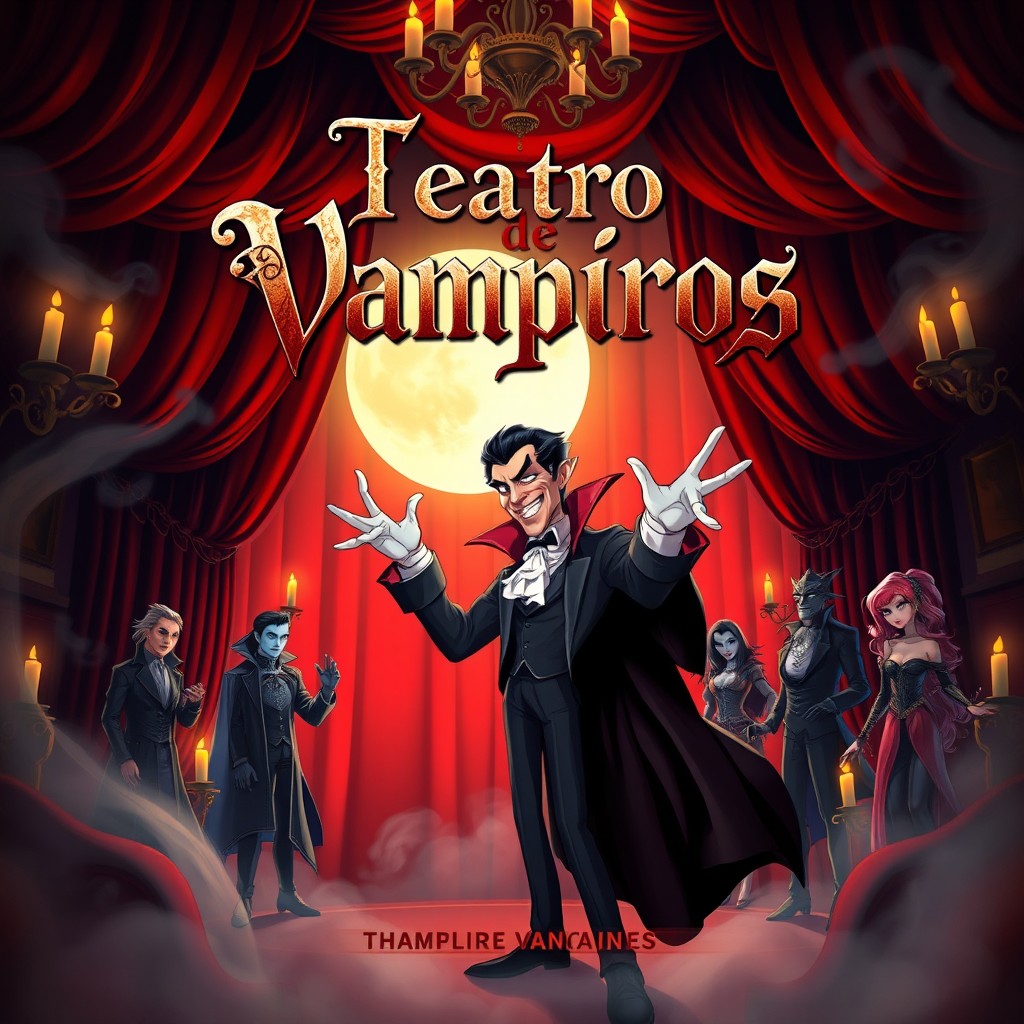 A captivating book cover for 'Teatro de Vampiros', designed in a vibrant animation style