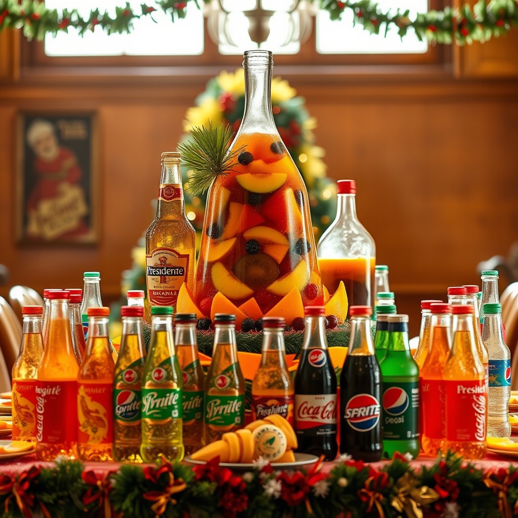 A front view of a festive table decorated with a large fruit cocktail centerpiece, accompanied by a large bottle of Dominican Sangria and another large bottle of punch