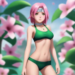 A high-resolution, photorealistic digital painting featuring Sakura Haruno from Naruto in a stylish bikini