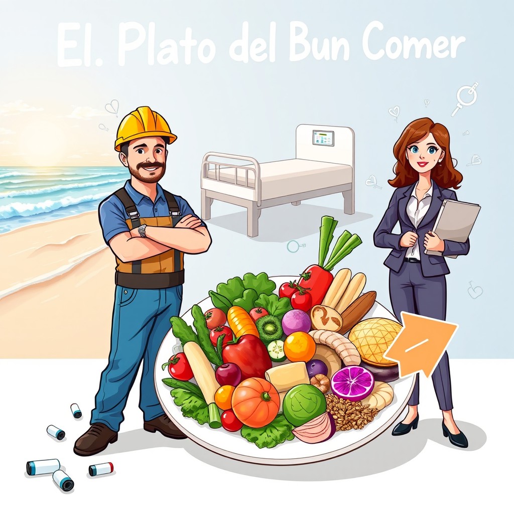 An imaginative illustration featuring 'El Plato del Buen Comer', showcasing a vibrant plate that highlights a balanced meal with an arrangement of colorful vegetables, fruits, proteins, and whole grains
