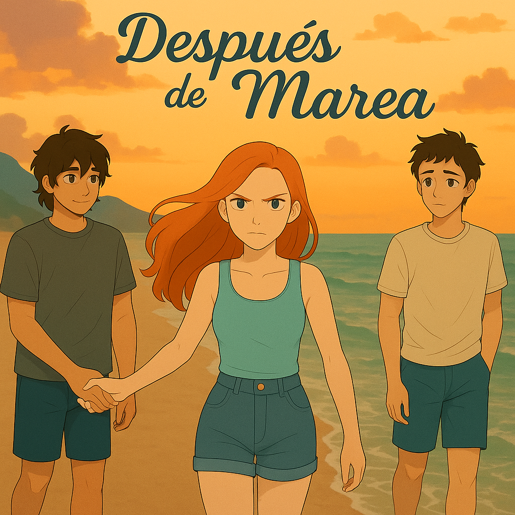 Siguiendo estos mismos personajes quiero que ella este agarrada de manos con el de la izquierda y que el de la derecha este mirando hacia ellos con una expresion arrepentida, y que en esta vez el titulo sea Despues de la Marea