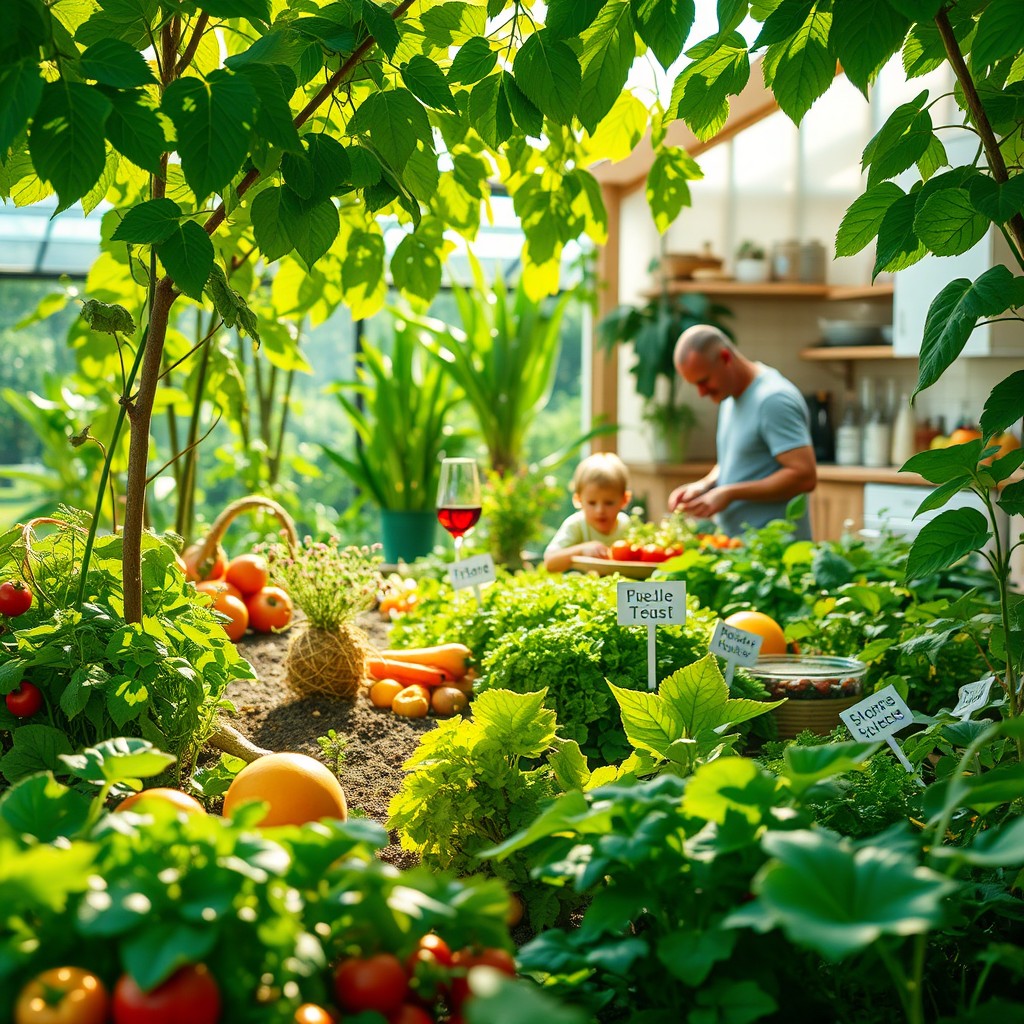 A vibrant, lush green garden filled with a variety of healthy plants, showcasing an abundant harvest of fruits and vegetables