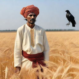 A man dressed in traditional Indian attire, standing in golden wheat fields with a crow perched on his shoulder, under a clear sky.