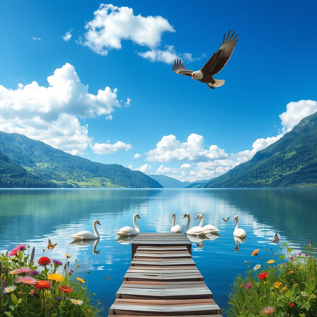 A serene landscape featuring a tranquil lake surrounded by lush green mountains under a clear blue sky, with white fluffy clouds drifting lazily
