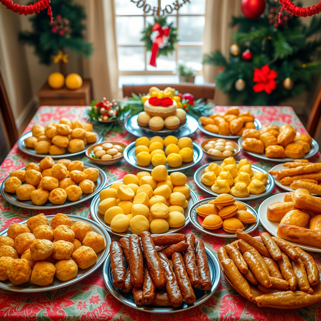 A front view of a festive table decorated with a variety of delicious dishes: a plate with several chicken croquettes, a plate with multiple quipes, a plate with an assortment of pastelitos, a plate with several yuca empanadas, a plate with yuca balls, a plate with multiple pasteles en hoja, and a plate with crispy battered chorizos