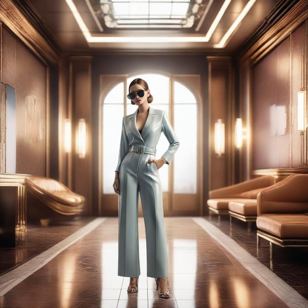 Photorealistic image of a full-length beautiful woman with clear skin and stylish sunglasses, standing in a luxurious interior designed in a retro-futuristic style.