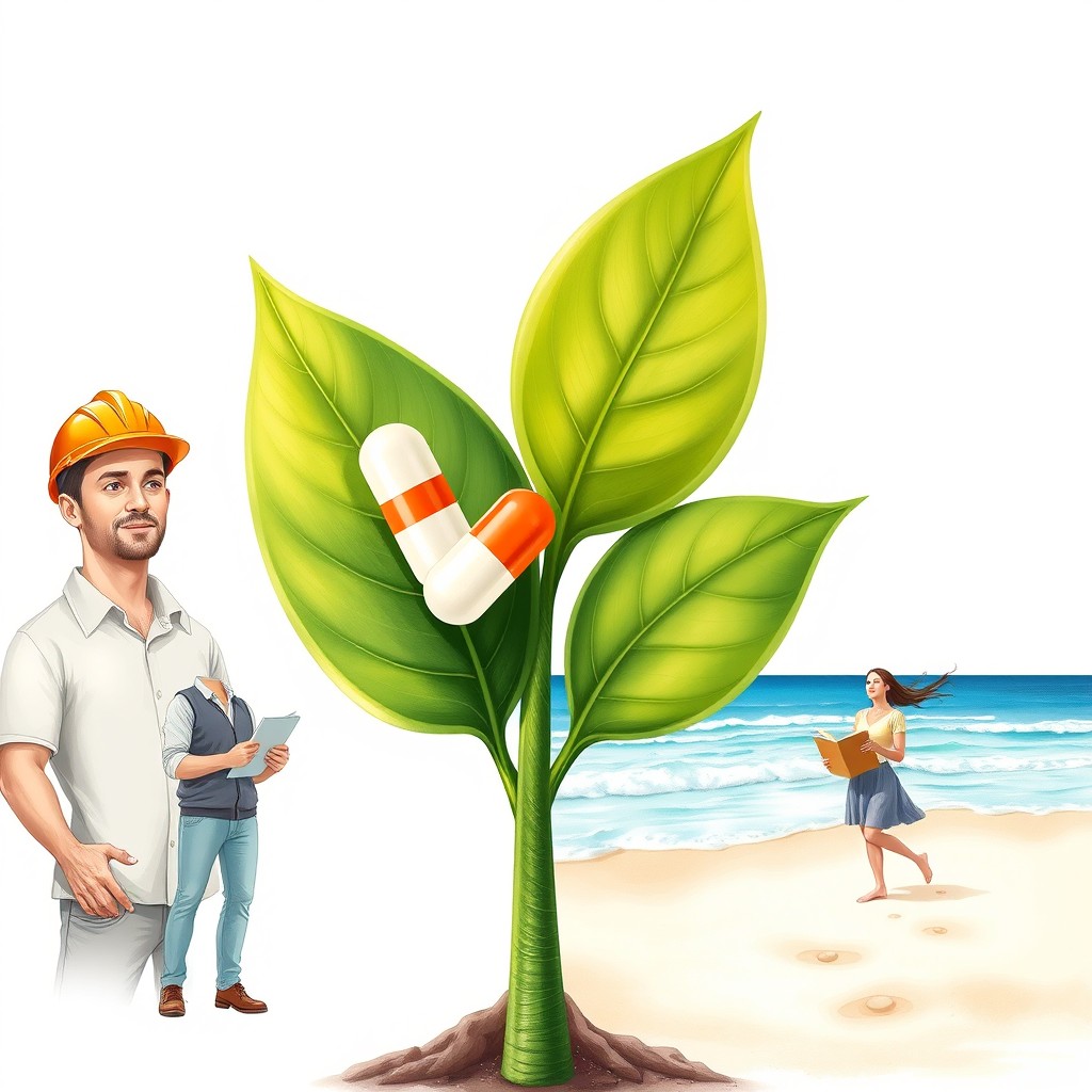 A detailed illustration of a plant with two large, lush green leaves and a thick stem, prominently featuring two capsules of medication attached to it, symbolizing a fusion of nature and science