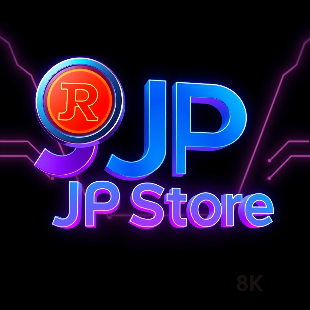 A modern 'JP Store' logo design where the official Robux coin, featuring the red 'R' symbol on an orange circle, creatively replaces the 'O' in 'Store'