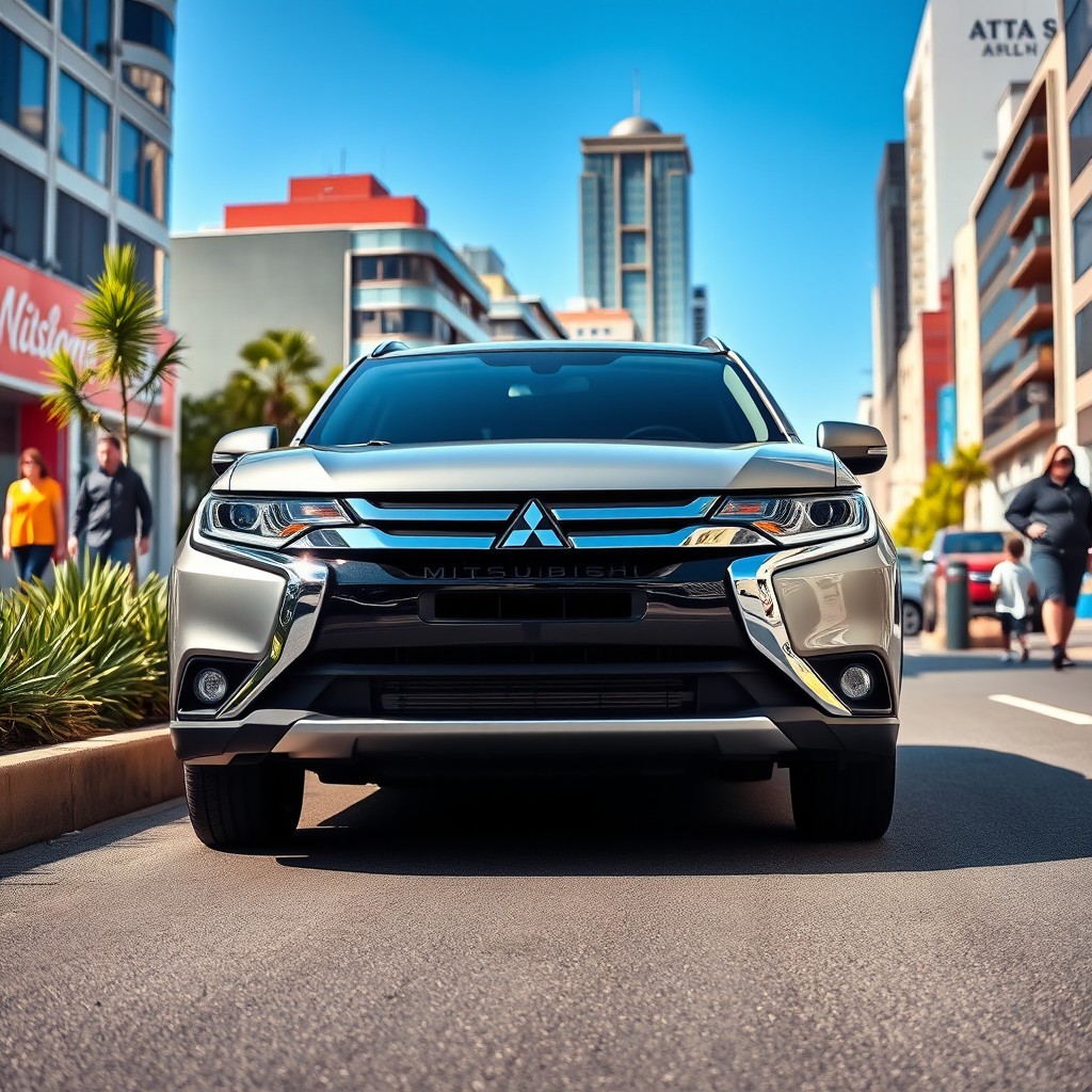 A Mitsubishi vehicle parked in an urban setting, showcasing its sleek design and modern features