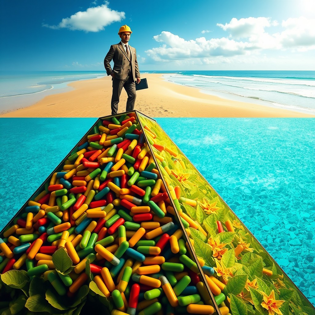 A striking visual composition featuring a pyramid structure with a wide base containing various colorful capsules inside, representing a lush plant life