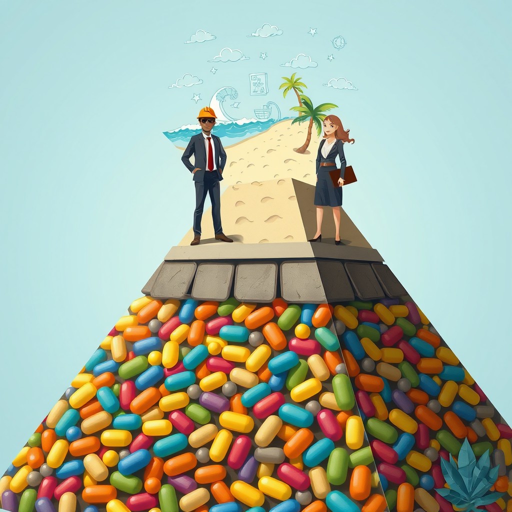 A captivating illustration of a pyramid structure with a wide base filled with colorful capsules reminiscent of a vibrant plant life