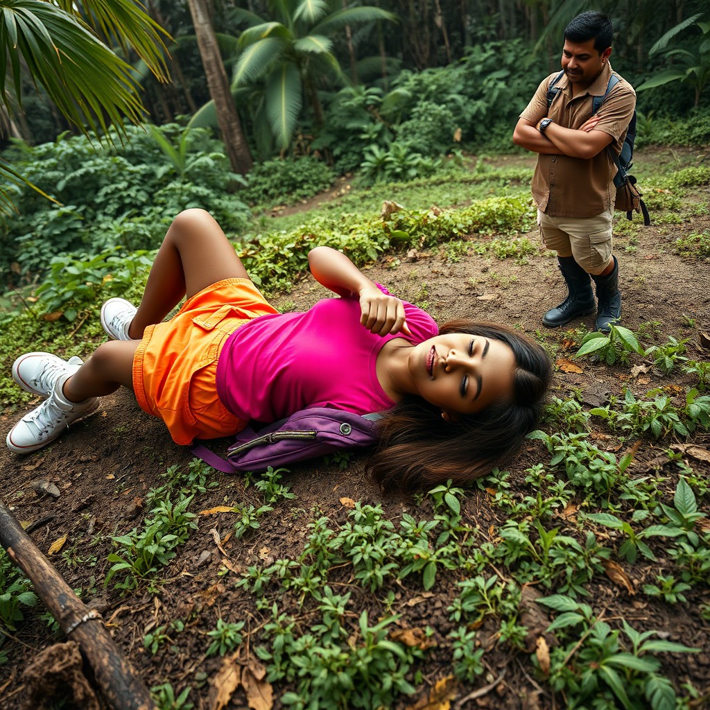 In a desolate jungle setting, a 17-year-old girl lies face up on the ground, simulating being lifeless