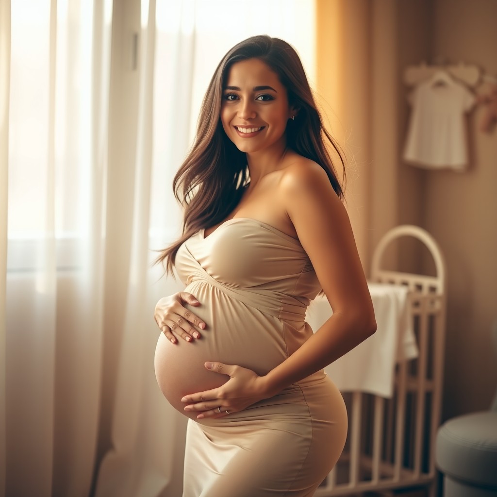 A portrait of a woman with a visibly pregnant belly, wearing a stylish maternity dress that beautifully accentuates her figure