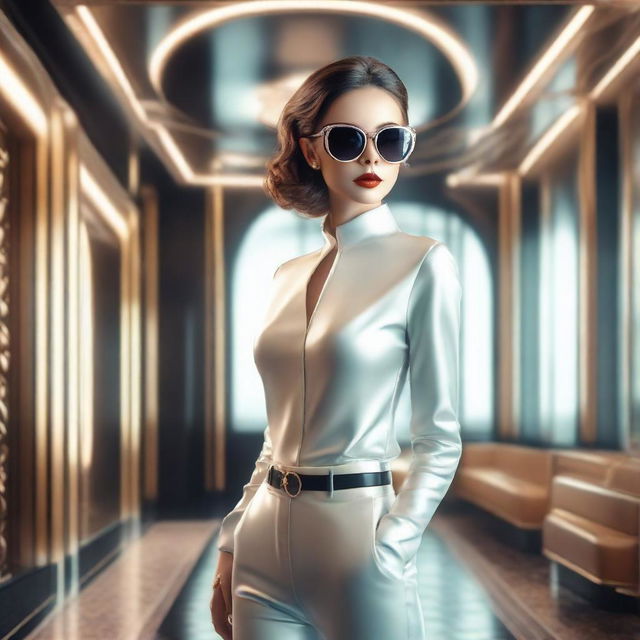 Photorealistic image of a full-length beautiful woman with clear skin and stylish sunglasses, standing in a luxurious interior designed in a retro-futuristic style.