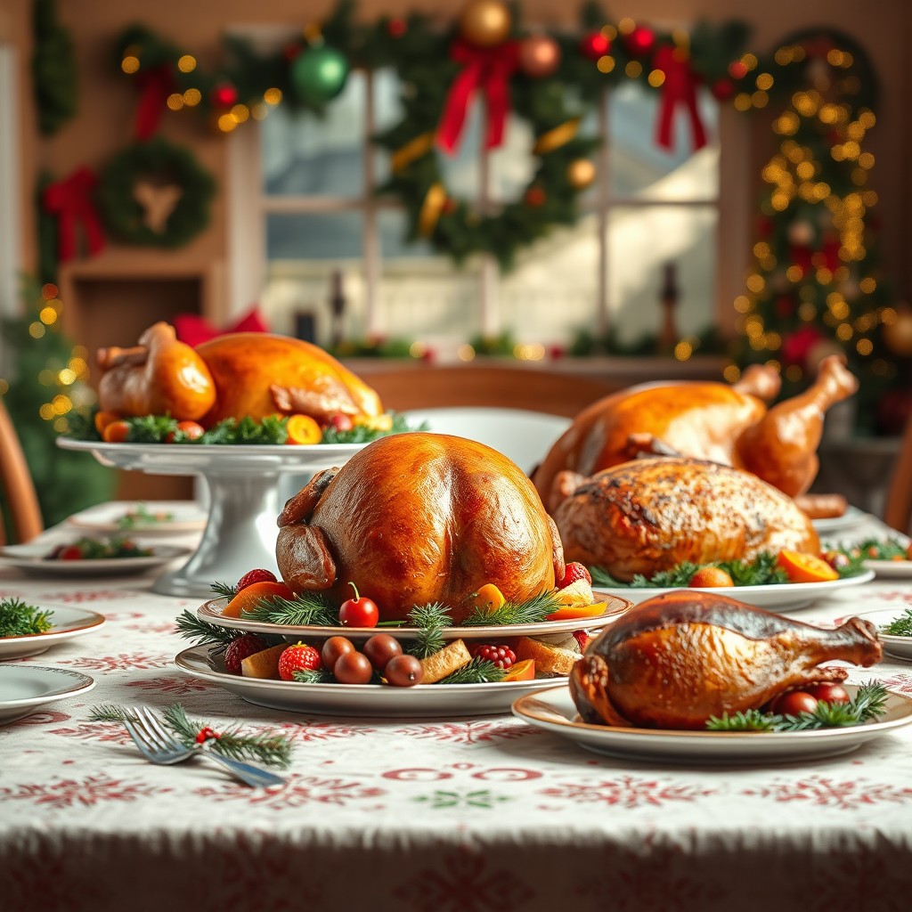 A front view of a festive table decorated with a platter featuring a whole roasted chicken, a platter with a whole roasted turkey, and a platter with a roasted pork leg