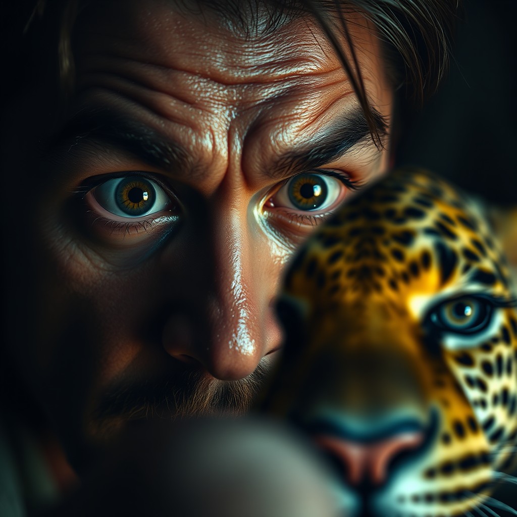 A dramatic close-up of a man's face in a moment of intense fear as he spots a leopard