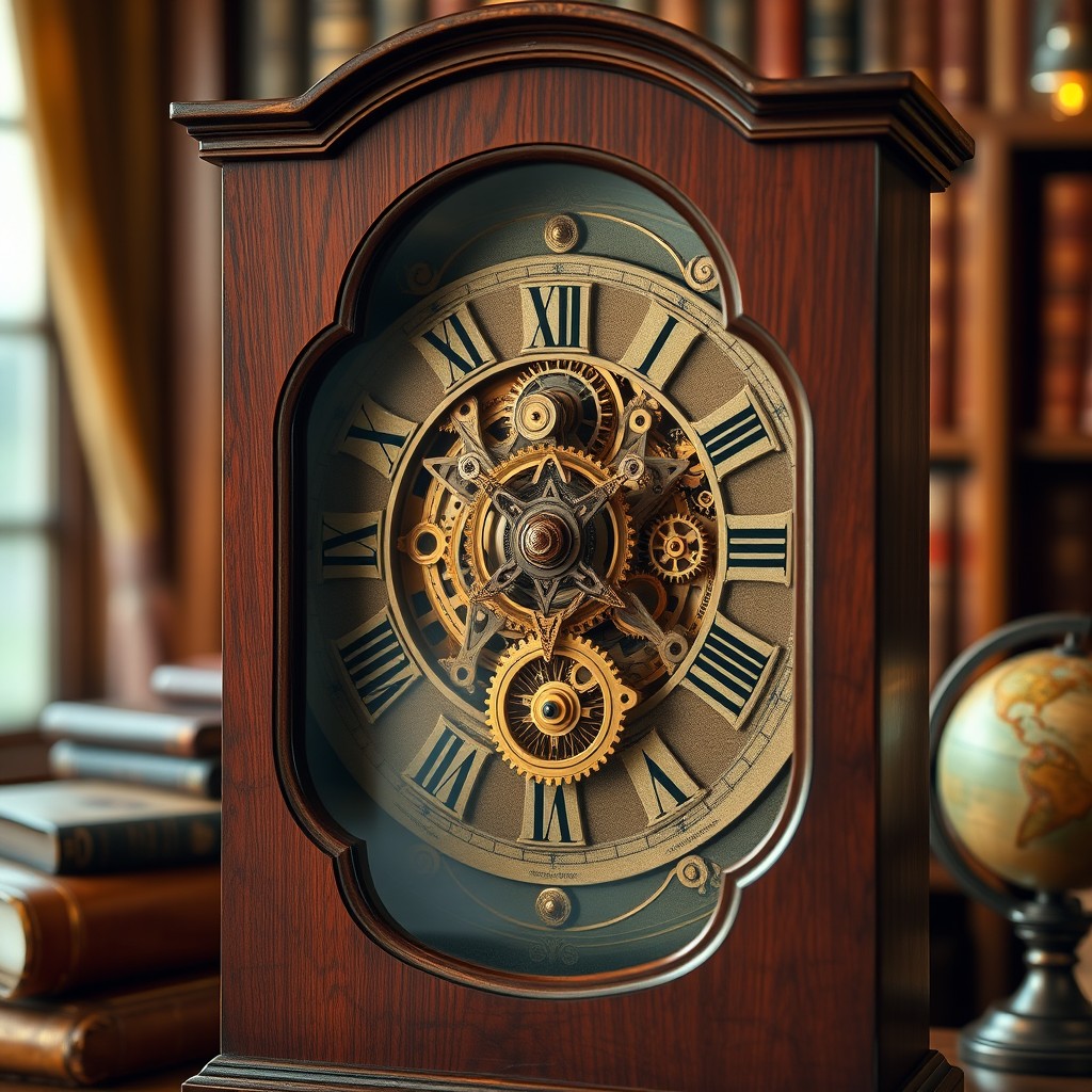 A stunning and intricate mechanical clock, featuring intricate gears and cogs displayed prominently, all set within a vintage wooden case with rich mahogany hues