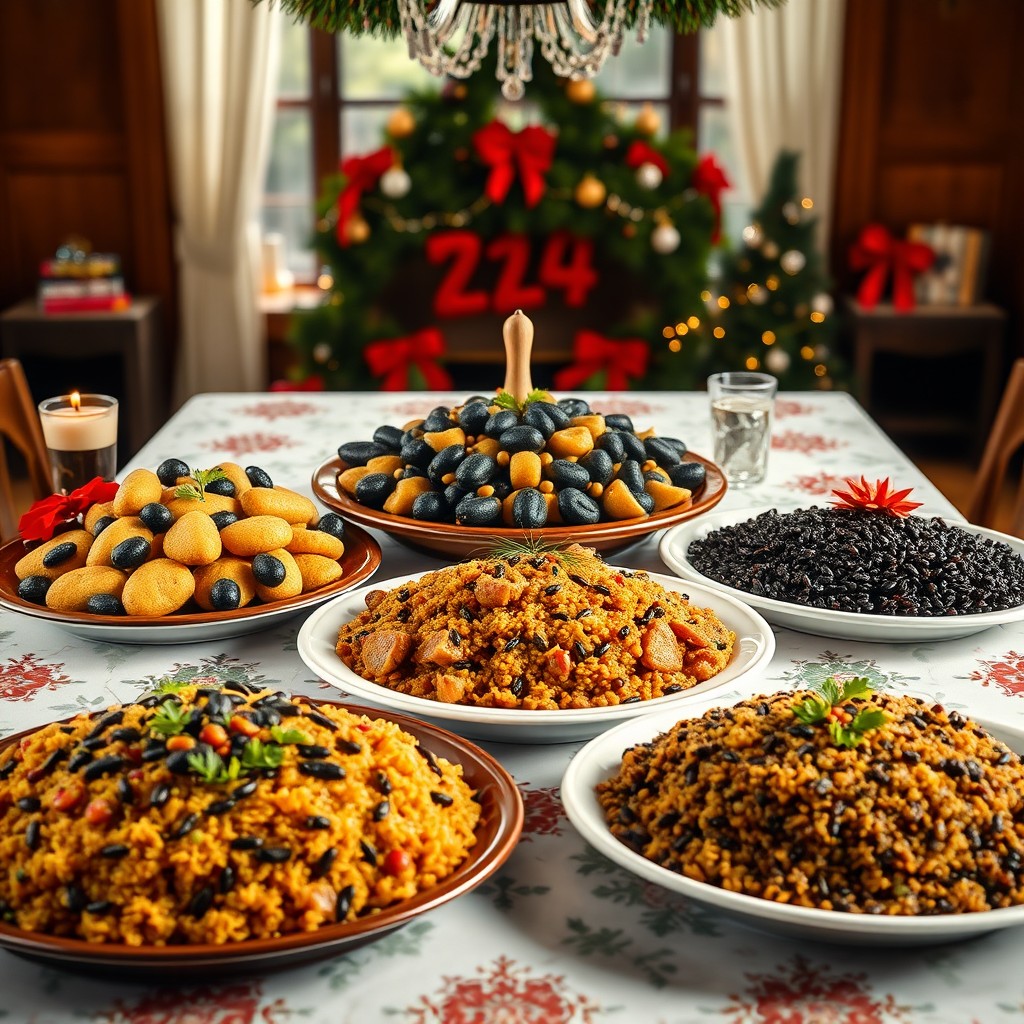 A front view of a festive table decorated with a large platter of guandules moros, a platter of black bean moros, and a platter of Dominican Christmas rice