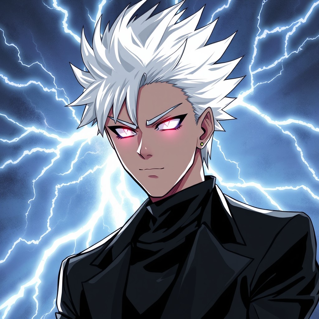 A striking character portrait featuring a person with Gojo Satoru's iconic white, spiky hair and mesmerizing eyes that resemble flashes of lightning