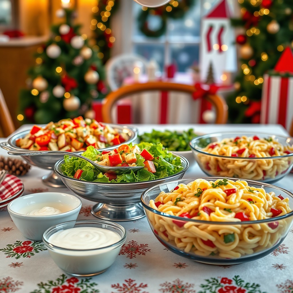 A front view of a festive table decorated with a serving dish of Dominican Russian salad, a plate of green salad, a bowl of creamy white dressing, and a serving dish of spiral pasta salad