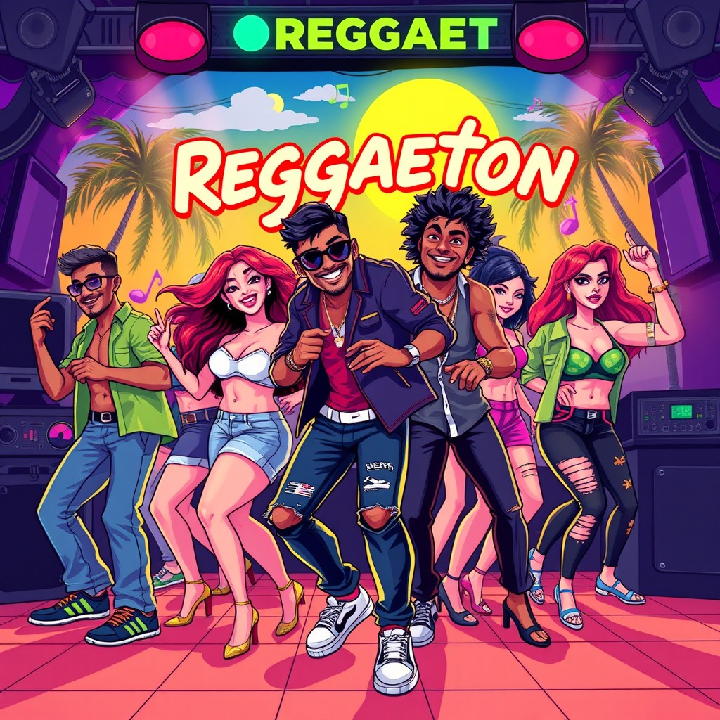 A vibrant and colorful illustration representing Latin reggaeton music, featuring dynamic dance scenes with people in stylish urban outfits, tropical elements like palm trees and sunny skies, musical notes and symbols in the background, and a lively nightlife atmosphere with neon lights and a DJ setup
