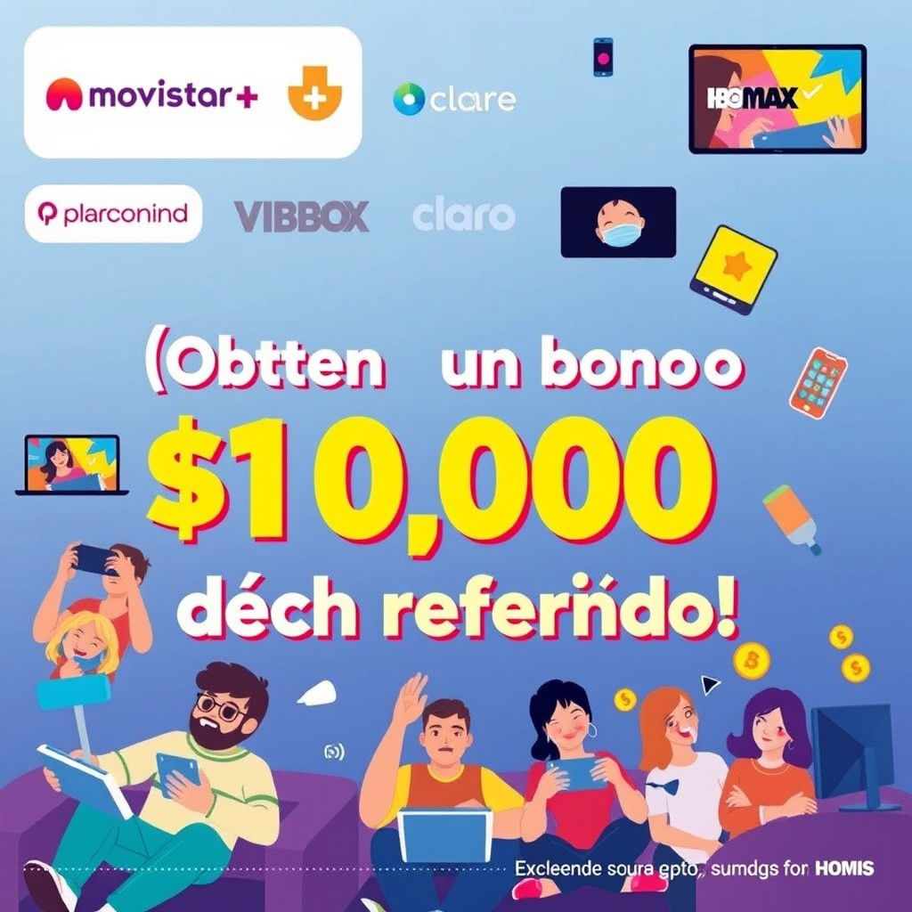 An engaging promotional image featuring popular Spanish-language streaming platforms (like Movistar+, Claro Video, and HBO Max) with bright and attractive colors