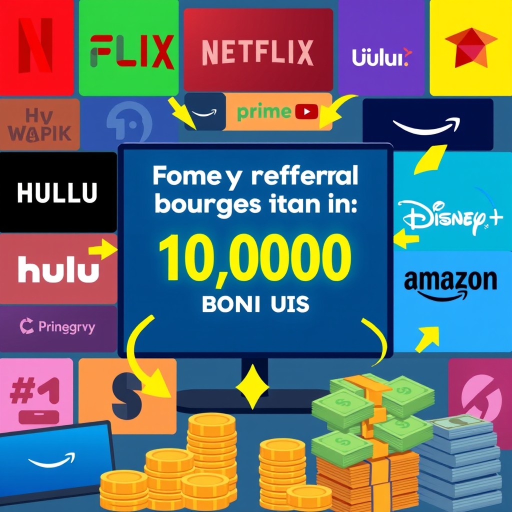 A visually appealing digital illustration representing various popular streaming platforms like Netflix, Hulu, Disney+, Amazon Prime Video, and others