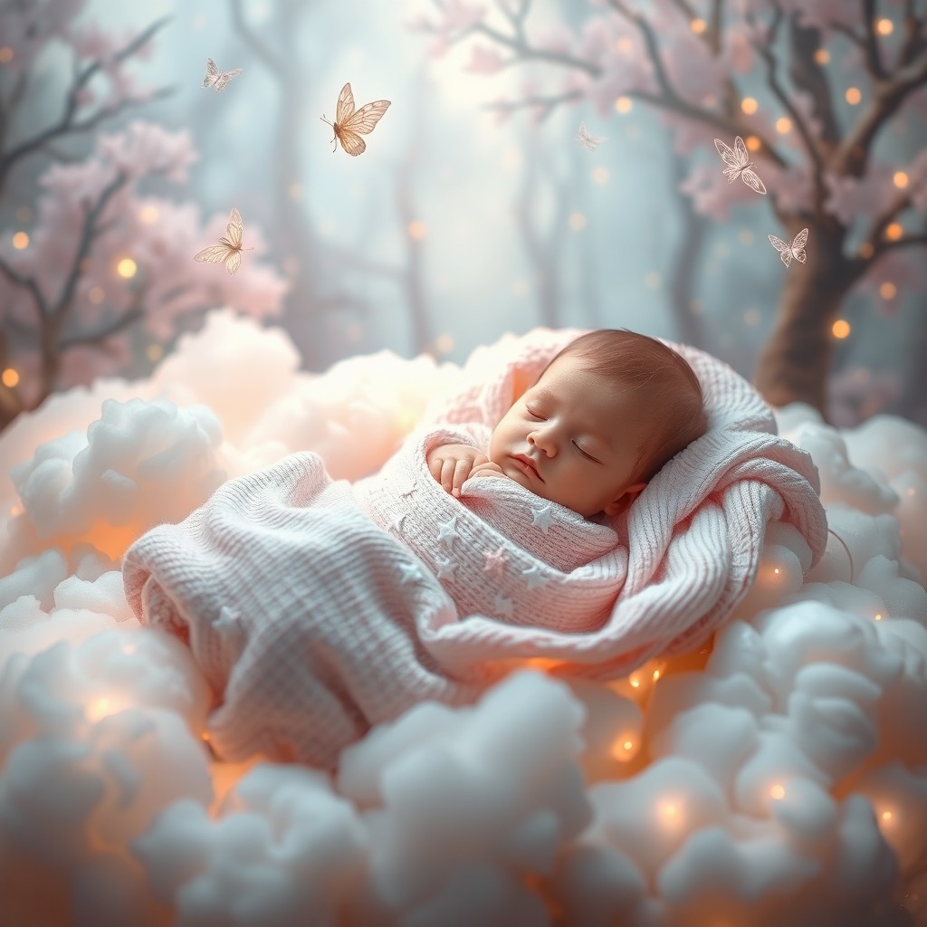 A whimsical and enchanting fantasy newborn photography scene, featuring a serene sleeping baby nestled in a bed of soft clouds, surrounded by delicate fairy lights and tiny, ethereal creatures like butterflies and fairies gently hovering above