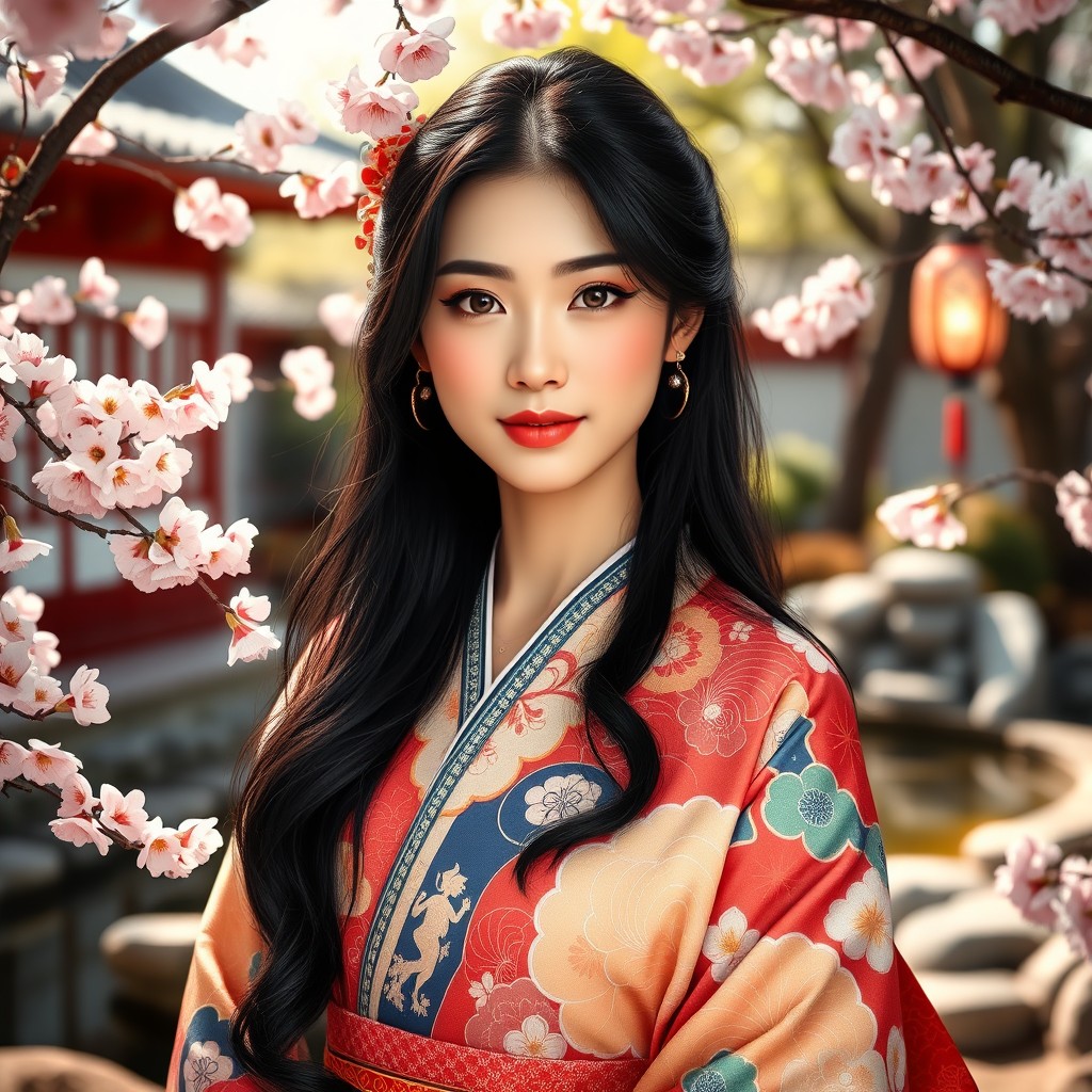 A portrait of a beautiful Japanese woman in traditional attire, wearing a colorful kimono adorned with intricate patterns, surrounded by cherry blossoms