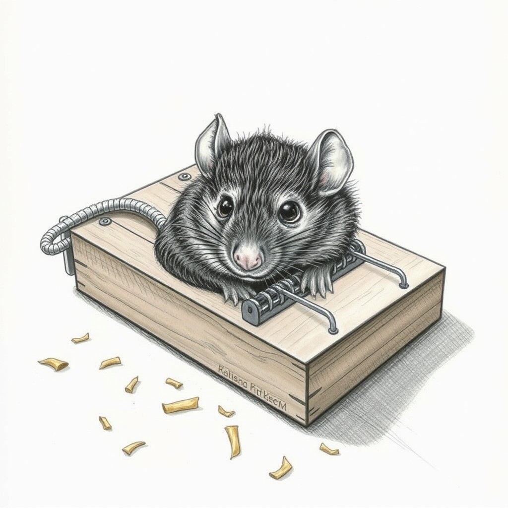 A detailed and expressive drawing of a rat caught in a traditional wooden mousetrap