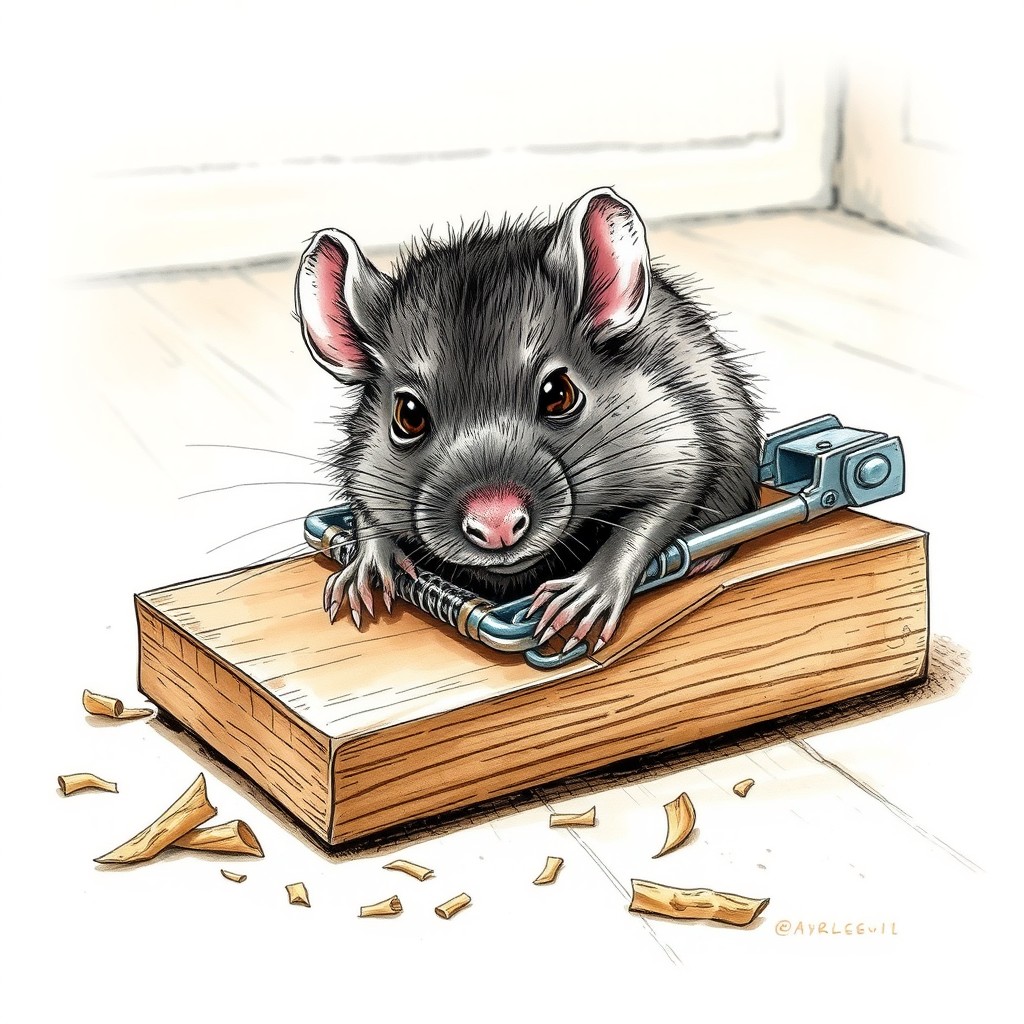 A detailed and expressive drawing of a rat caught in a traditional wooden mousetrap