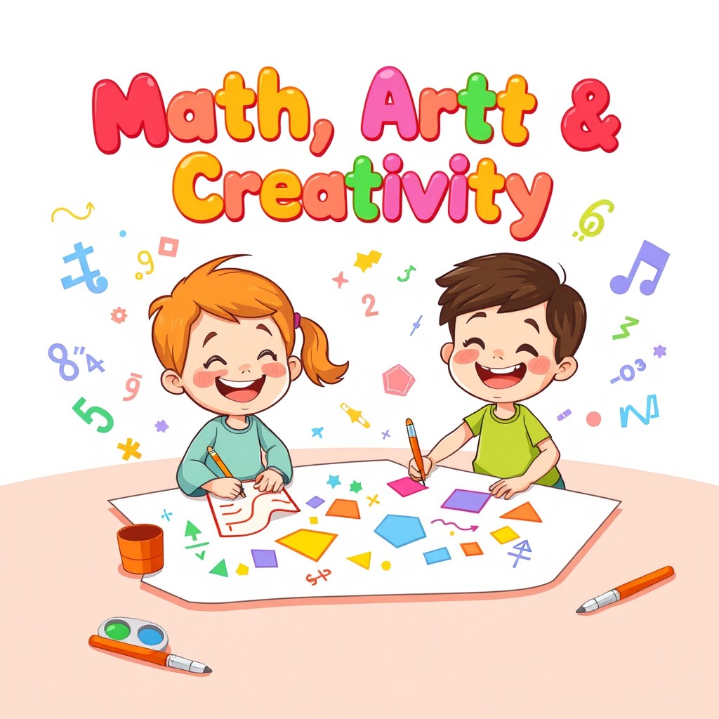 A vibrant cartoon style poster illustration featuring two cute, happy children joyfully drawing colorful geometric shapes and patterns on a large piece of paper spread out on the floor
