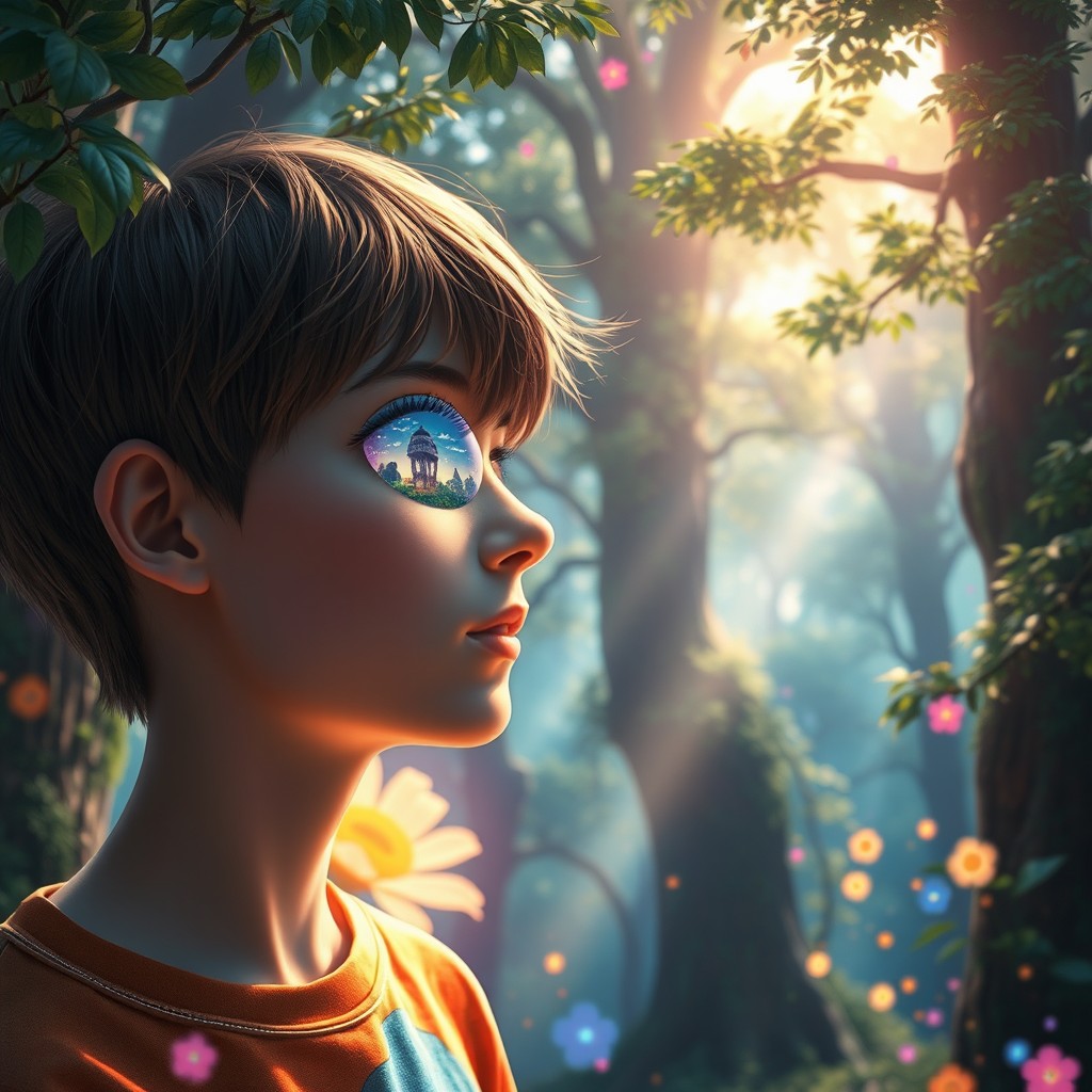 A surreal and whimsical scene where a person on the left is having their eyes opened, revealing bright, vibrant colors and a dreamlike landscape reflected in their eyes