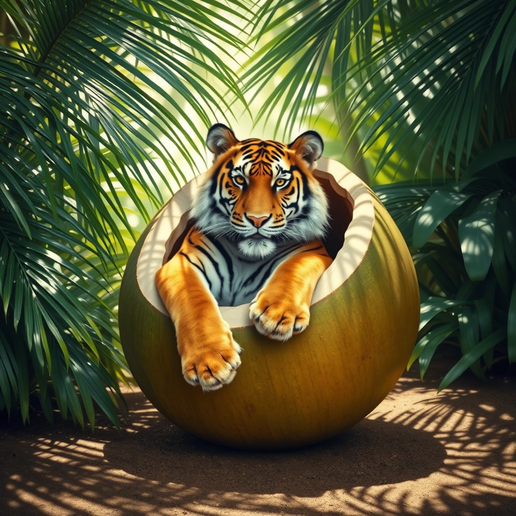 A majestic tiger playfully lounging inside a giant coconut, surrounded by lush tropical vegetation