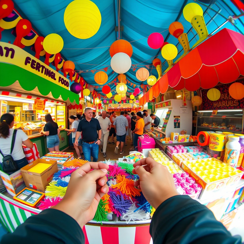 A point-of-view shot depicting a vibrant and bustling festival booth, lively colors all around with people engaging and enjoying their time, food stalls and games visible in the background, cheerful decorations adorning the booth, the camera angle captures the hands of a person arranging colorful merchandise and interacting with visitors, showcasing a festive atmosphere filled with joy and excitement