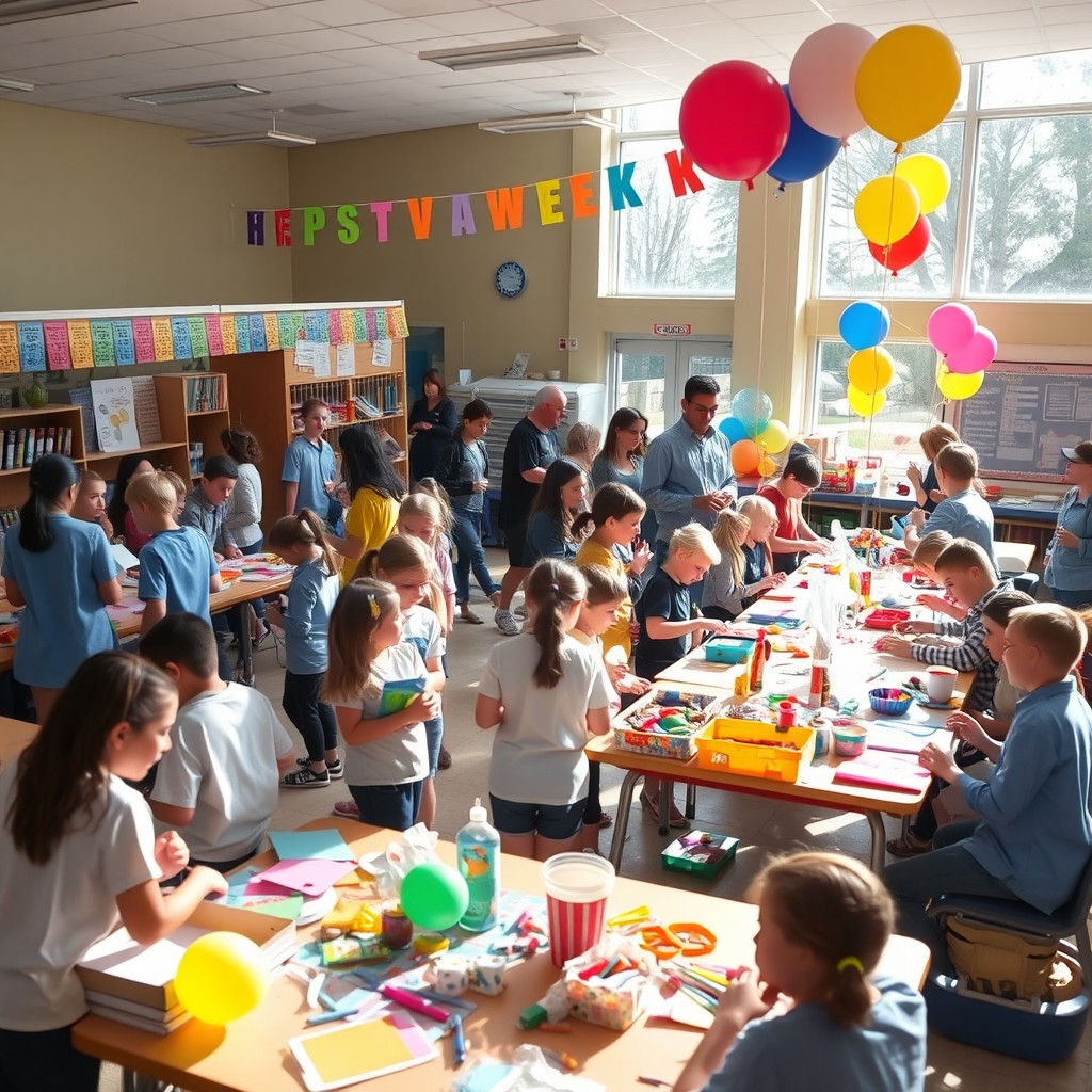 A lively scene capturing a school bustling with students and teachers as they set up booths for festival week, colorful banners and decorations being hung, tables filled with crafts and games, excited students exchanging ideas and collaborating, a sense of teamwork and school spirit is evident, with art supplies, balloons, and festive items scattered around, all under bright sunlight streaming through large windows, showcasing an energetic and cheerful atmosphere