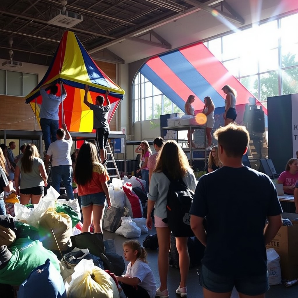 A dynamic scene of college students, their faces not visible, busily setting up booths for festival week, some students are standing up a large, colorful tent while others are arranging items on an elevated stage, energetic and focused atmosphere, surrounded by decorations and festival gear, with bags of supplies and tools scattered around, sunlight streaming in, creating a vibrant backdrop for the busy preparations, conveying a sense of community and excitement