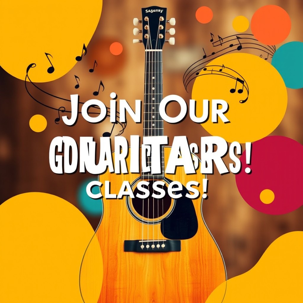 A vibrant and eye-catching advertisement for a guitar training program