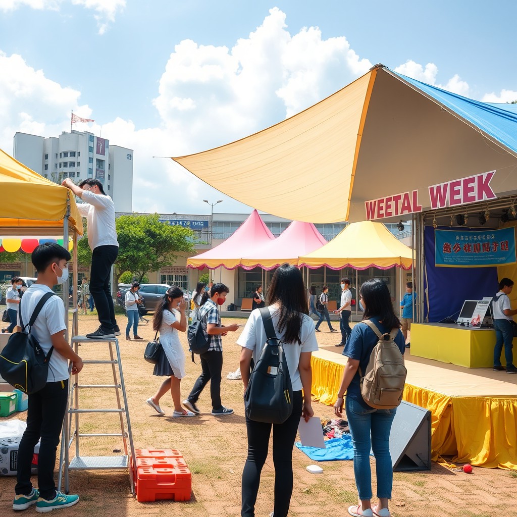 A scene depicting Asian college students working diligently to set up booths for a festival week on a school campus